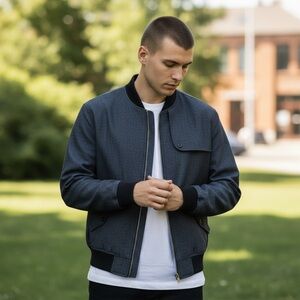 GRAMERCY Bomber Jacket Gray COTTON Tweed Pinstripe